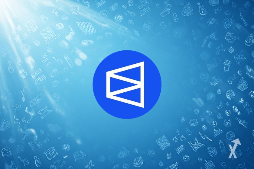 Polymarket-Logo auf blauem Hintergrund mit Icons.