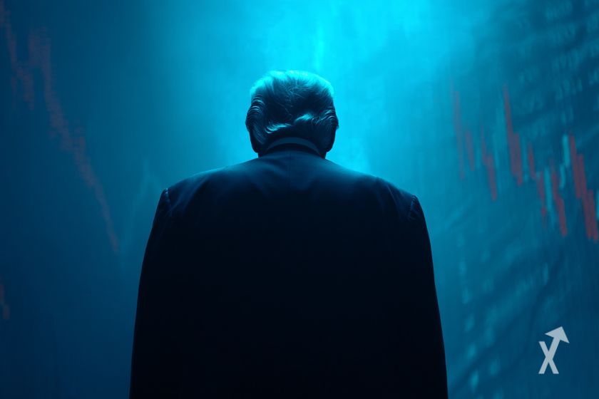 Trump vor blauer Wand mit Aktienverlusten.