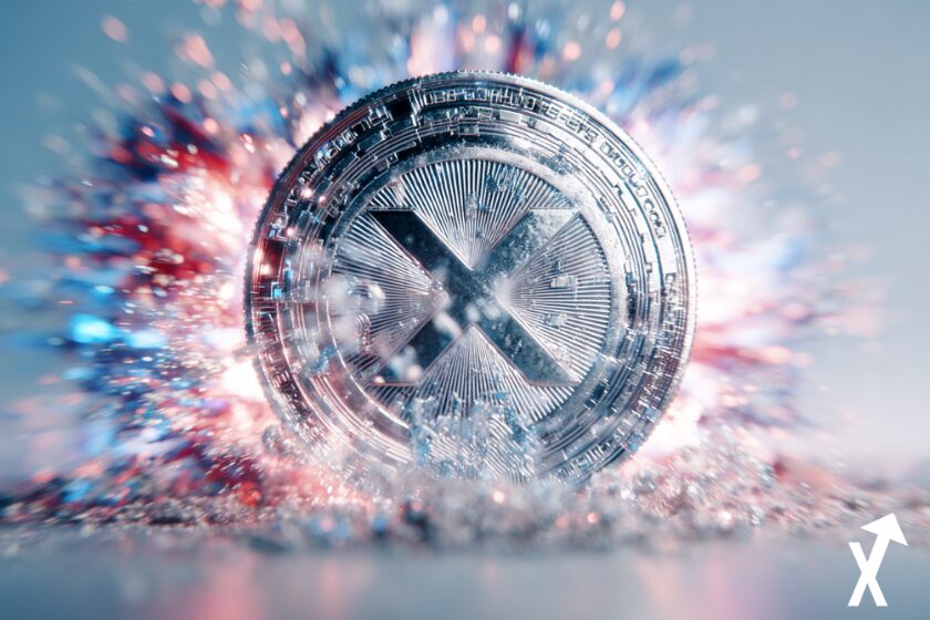 XRP M&uuml;nze auf blau-wei&szlig;-rotem Hintergrund.