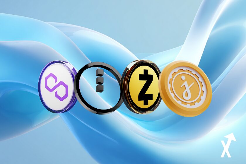 polygon midnight zcash jasmyn coins sur fond bleu vague blanche