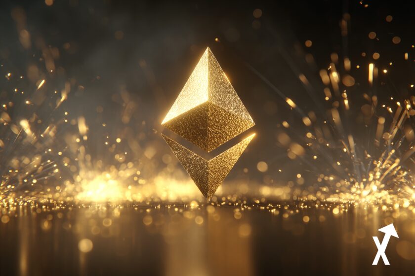 ethereum coin dor&eacute; sur fond dor&eacute; noir fireworks