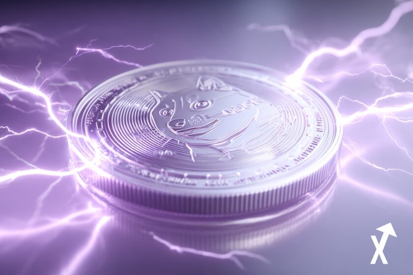 dogecoin electrique sur fond violet blanc etincelles