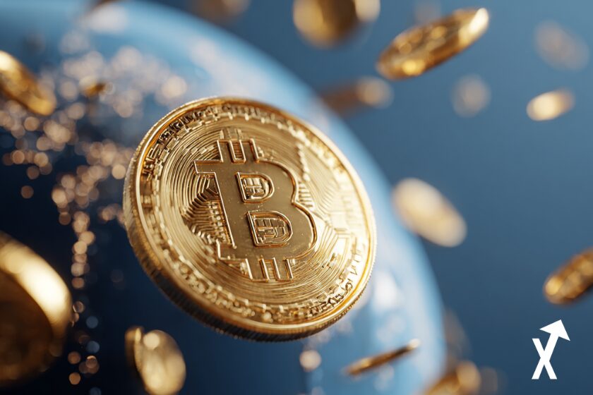 Goldene Bitcoin-M&uuml;nze auf Erde Hintergrund.