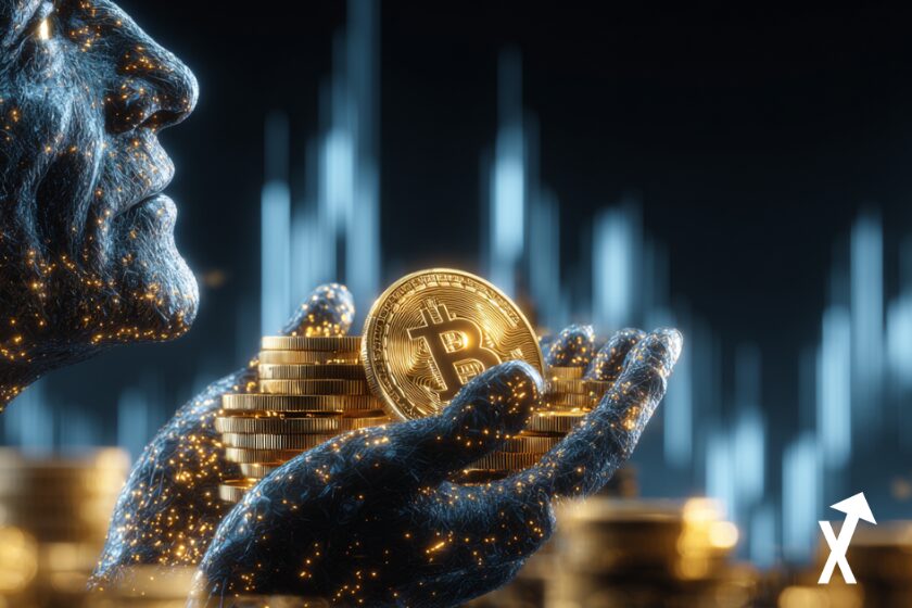 saylor tenant des bitcoins en main sur fond tradin charts bleus