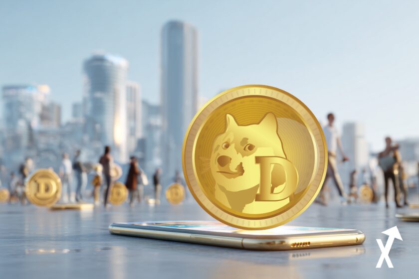 dogecoin coins dor&eacute; sur fond ville future