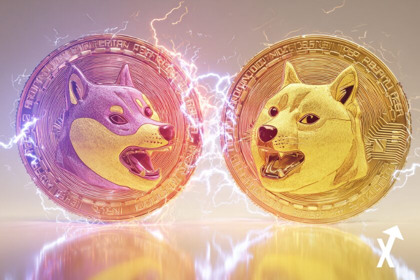doge vs shiba coin sur fond electrique jaune