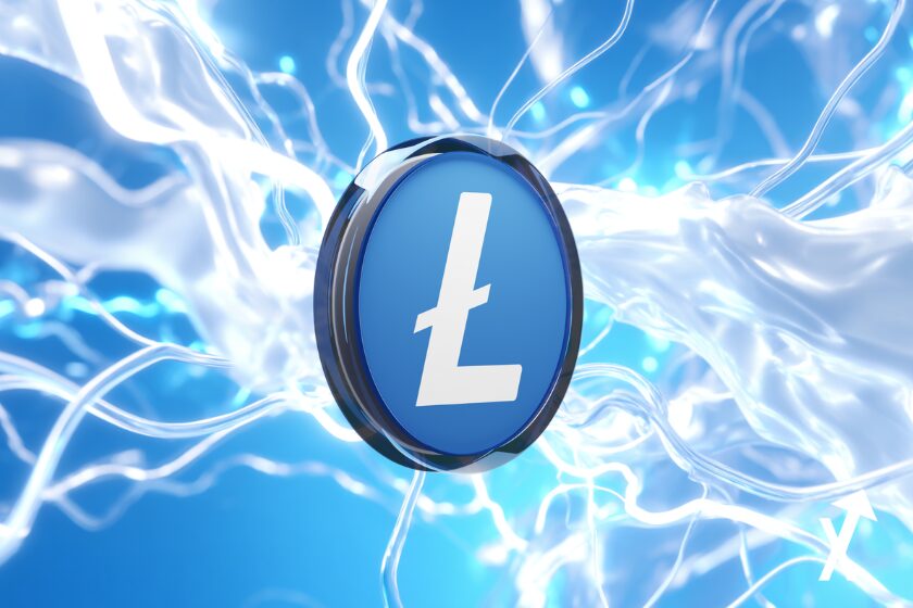 litecoin coin bleu blanc sur fond electrique