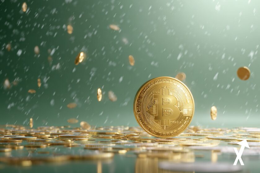 bitcoin dor&eacute; sur fond de pluie de crypto vert dor&eacute;