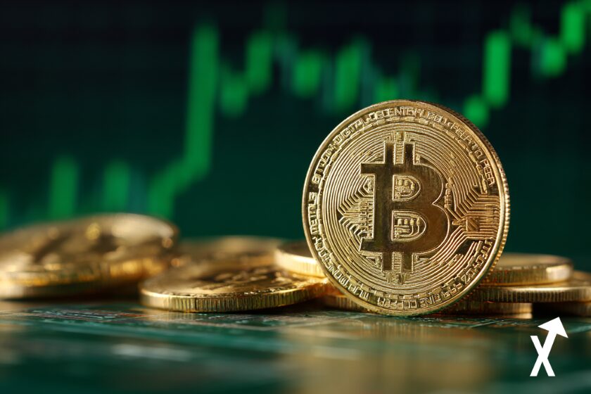 bitcoin coin dor&eacute; sur fond vert trading chart color&eacute; vert