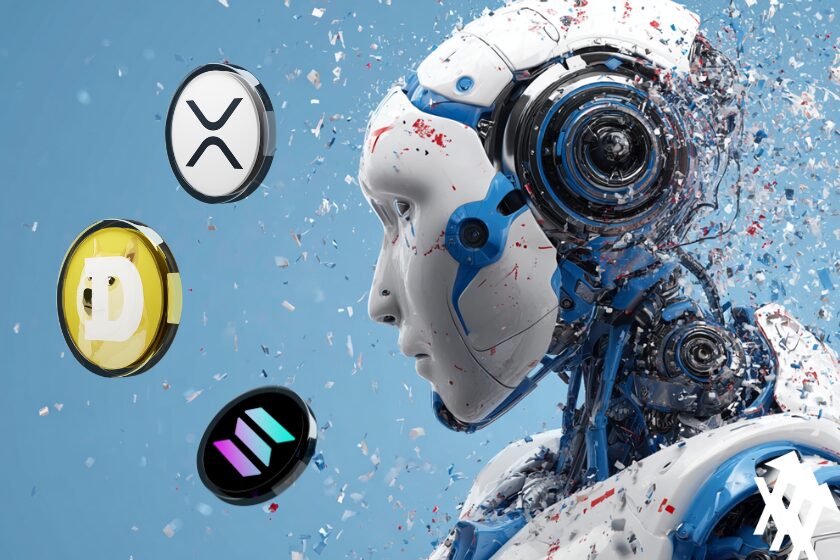 dogecoin xrp solana coins sur fond robot crypto et fond bleu