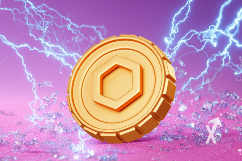 chainlink coin en jaune sur un fond violet avec de l'&eacute;lectricit&eacute; bleue