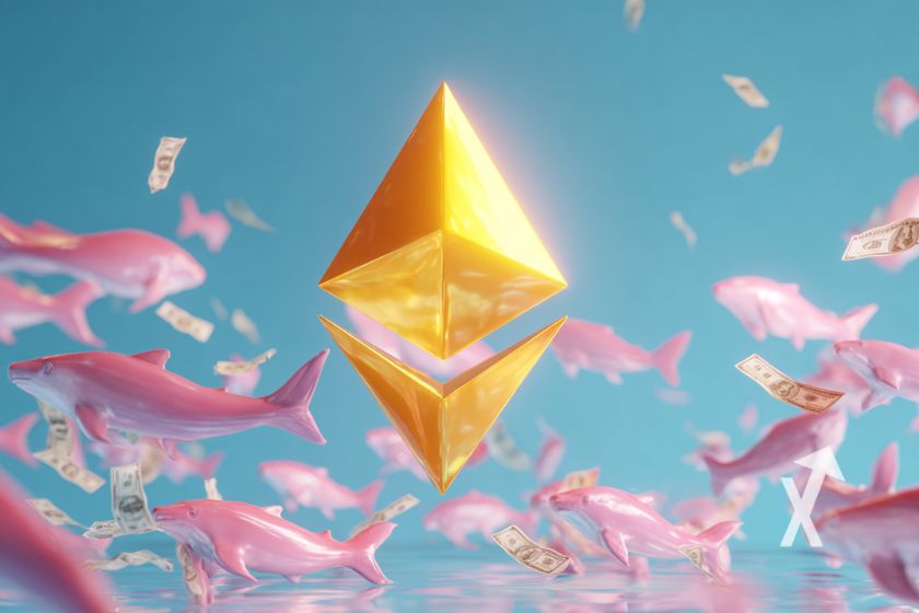 logo Ethereum en or qui brille sur un fond bleu avec des baleines roses