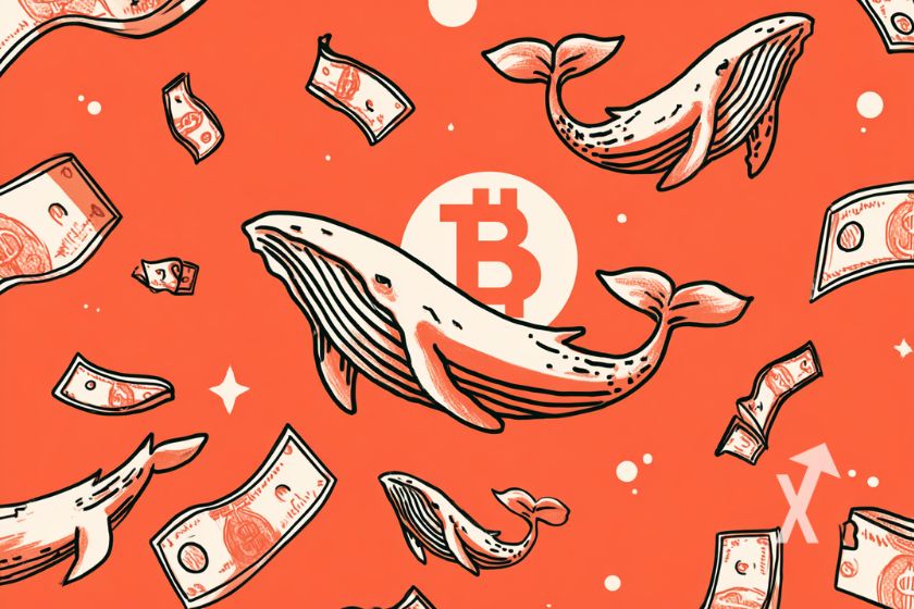 Bitcoin logo orange sur un fond orange avec des baleines et des billets dollars autour en style dessin