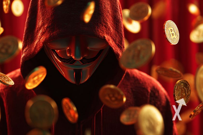 Homme masqu&eacute; dans un fond rouge avec des coins bitcoin qui volent partout