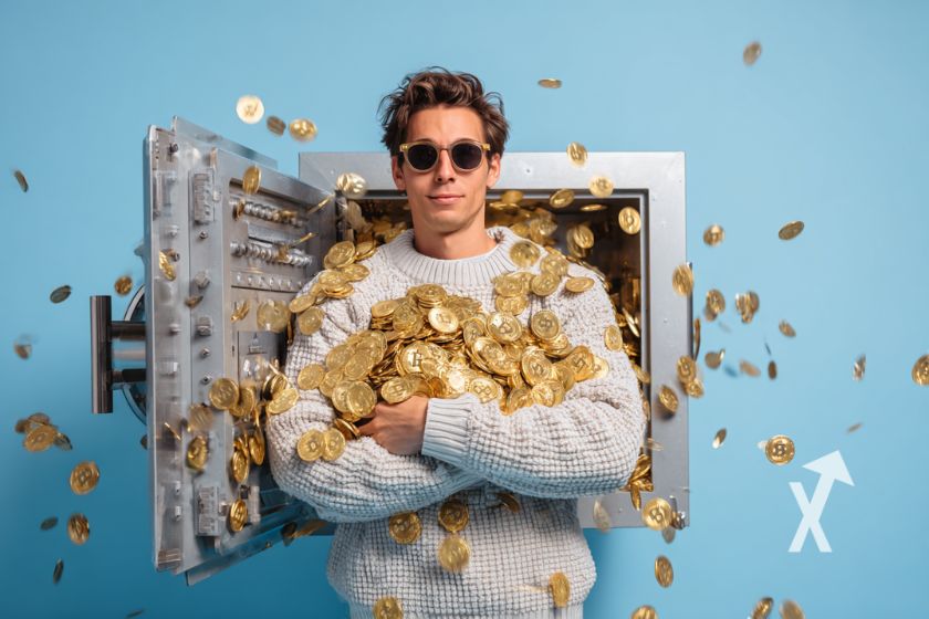 homme avec lunettes et pleins de bitcoin dans les bras sur un fond bleu et devant un coffre-fort ouvert