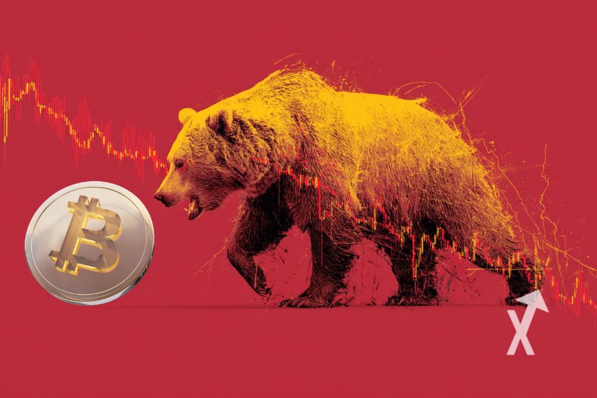 Un ours sur un fond rouge avec des bougies d'une trendline de prix avec coin Bitcoin en gris
