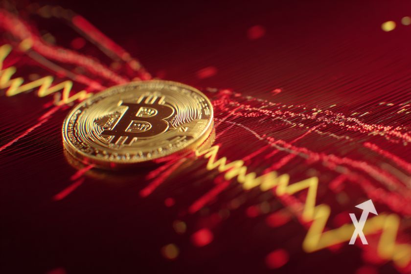 Coin Bitcoin sur un fond rouge avec une trendline jaune et rouge