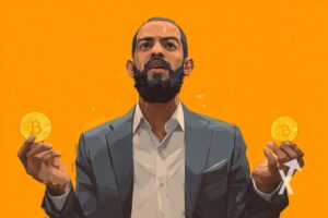 Nayib Bukele qui tiens des bitcoin sur un fond orange