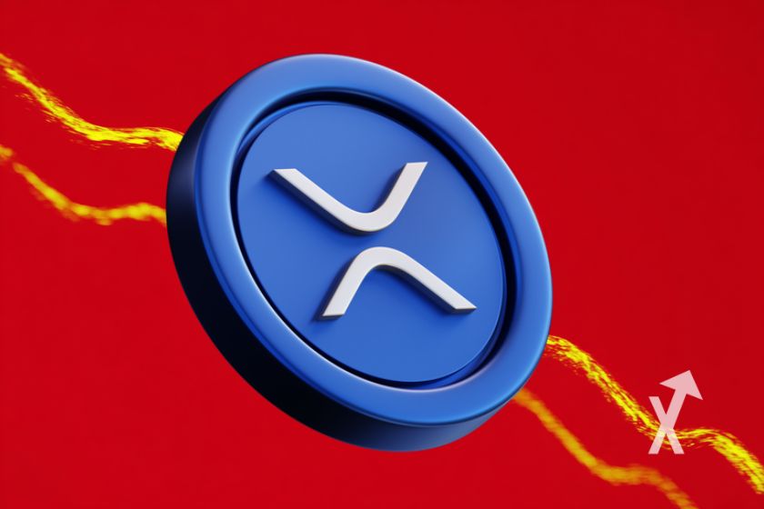 Blauer XRP-Coin auf rotem Hintergrund.