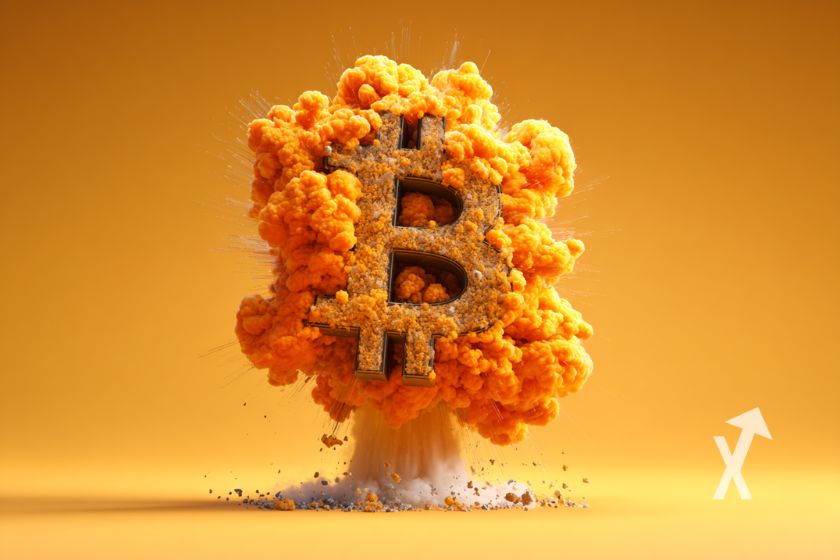Bitcoin-Logo mit orangefarbener Rauchexplosion auf orangefarbenem Hintergrund.