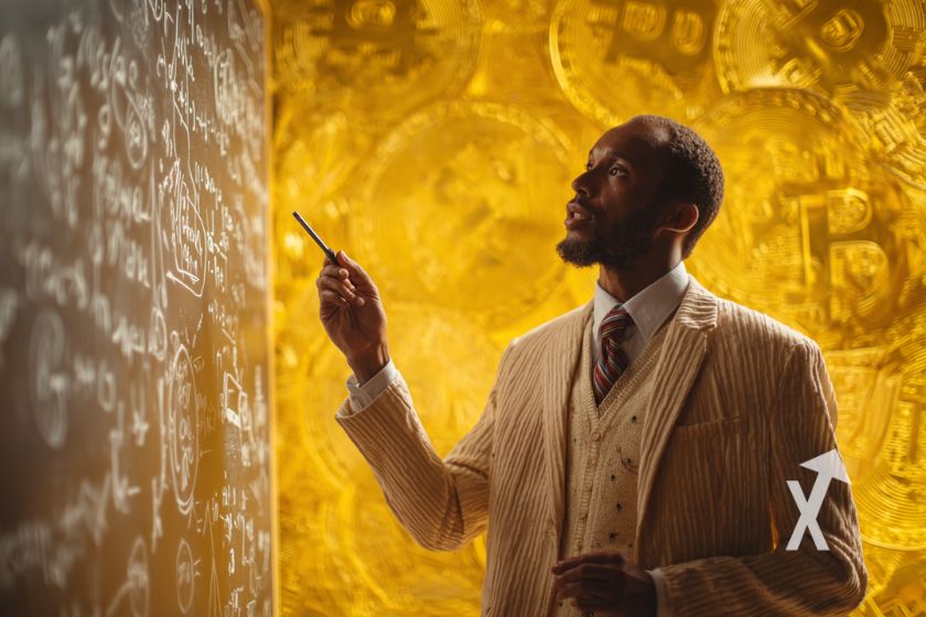 Mann in beigem Anzug mit Bitcoin.