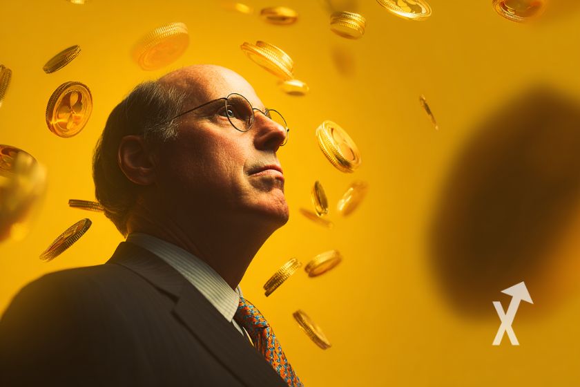 Larry fink ceo de Blackrock sur un fond jaune avec des coins XRP qui volent autour