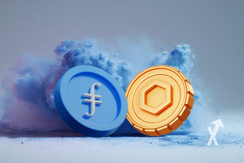 "Kettenlink und Ficlecoin nebeneinander auf blauem Hintergrund"