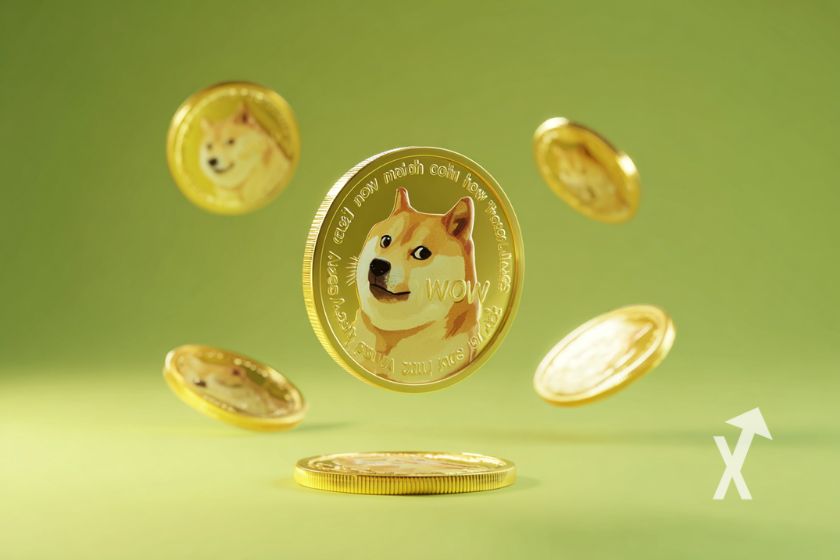 Dogecoin-M&uuml;nzen auf hellem gr&uuml;nen Hintergrund.