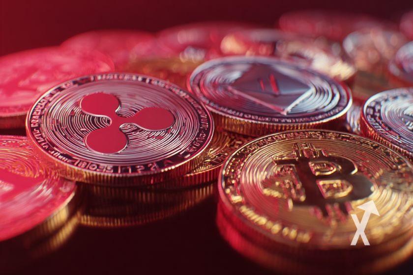 crypto tokens avec Bitcoin XRP et ETH au-dessus d'autres cryptos dans une ambiance rouge