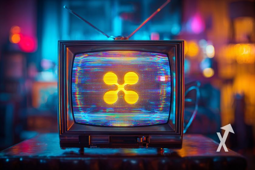 Logo XRO auf fernseher im beleuchteten Wohnzimmer