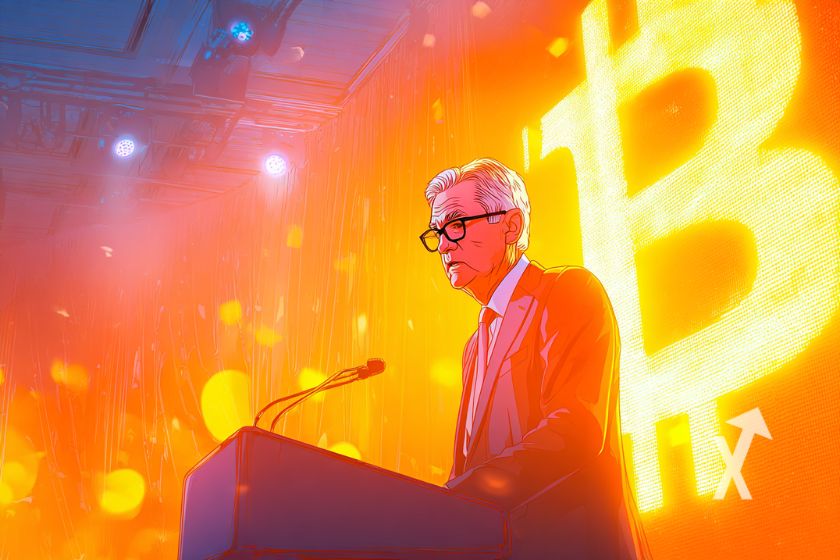 Jerome Powell spricht vor Bitcoin-Logo.