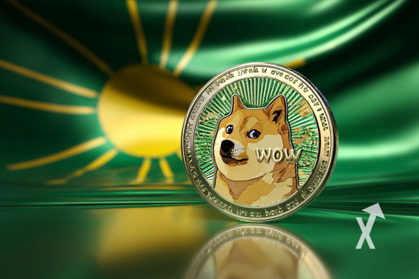 coin dogecoin en vert avec un drapeau vert et jaune style japon en fond