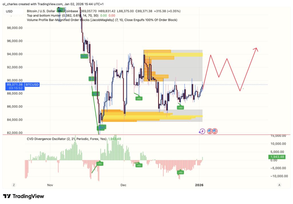 Bitcoin-Kurs in 9 Stunden mit Order Blocks und CVD
