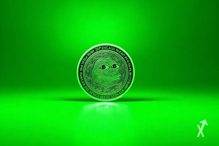 Ein komplett gr&uuml;ner Hintergrund mit einer M&uuml;nze und dem PEPE-Logo