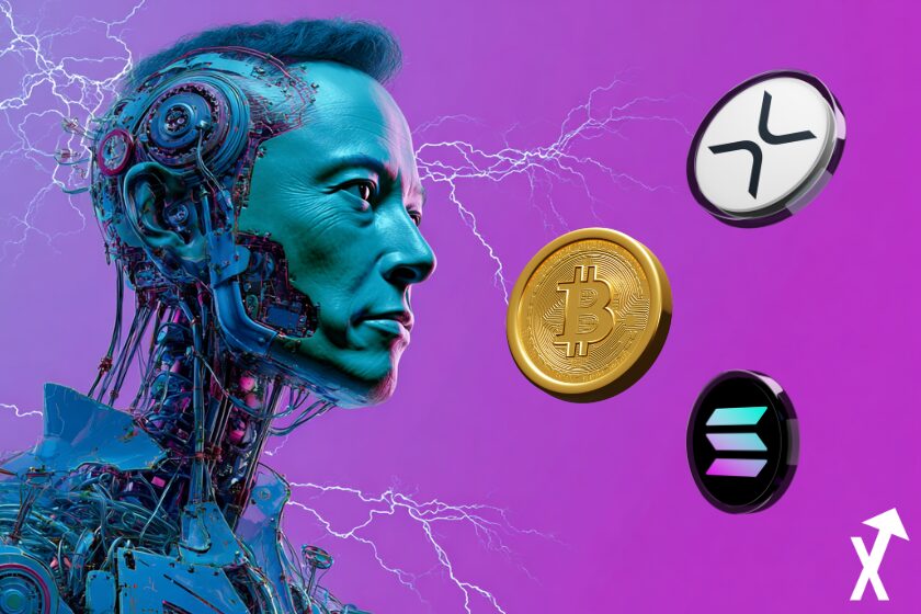 Illustration repr&eacute;sentant une intelligence artificielle musk analysant Bitcoin, XRP et Solana dans un contexte haussier