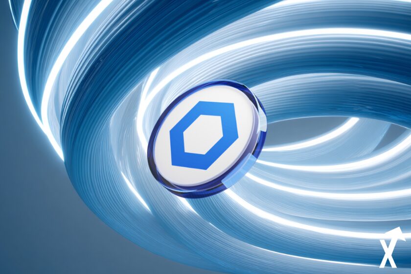 chainlink coin sur fond spirale bleue blanche