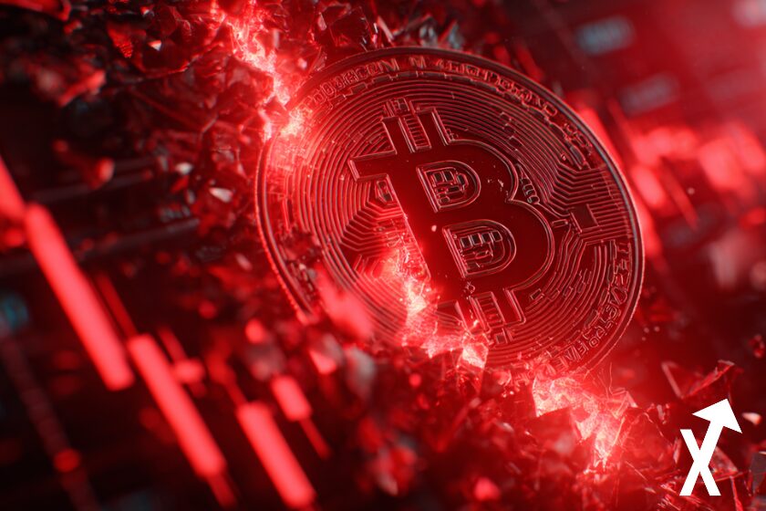 Bitcoin rouge en chute, fissur&eacute; et lumineux, ambiance de crash, sentiment baissier, style futuriste &eacute;pur&eacute;, fort contraste, sans texte