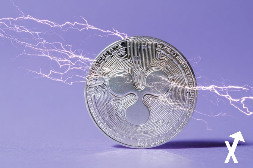 xrp coin argent&eacute; electrique autour sur fond violet clean