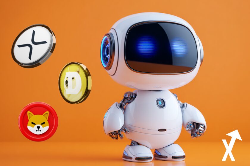 xrp doge shiba coins avec robot ia sur la droite fond orange