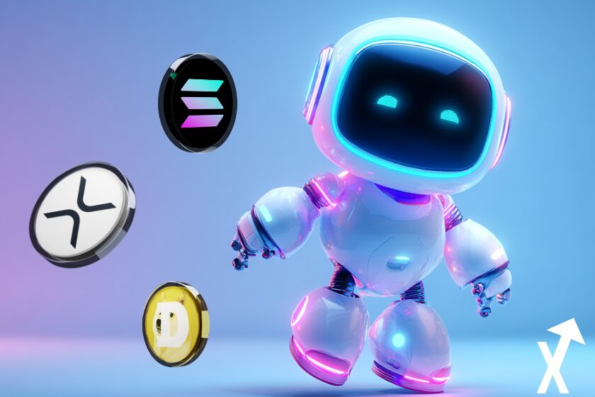 xrp sol doge sur fond rose blanc et robot ia