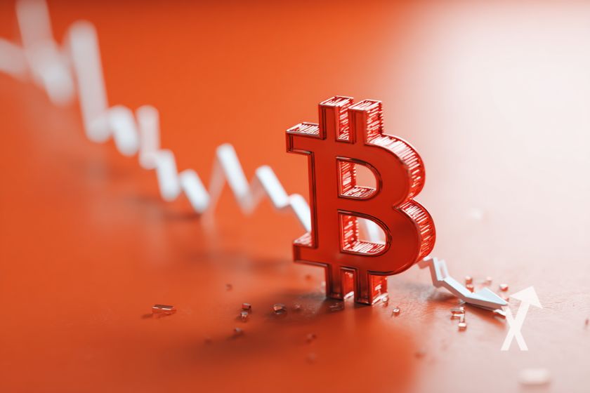 Bitcoin en orange avec trendline grise sur un fond orange