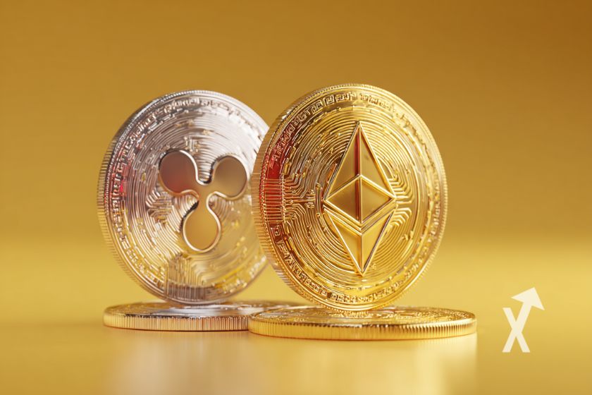 coin xrp et ethereum en jaune sur un fond jaune