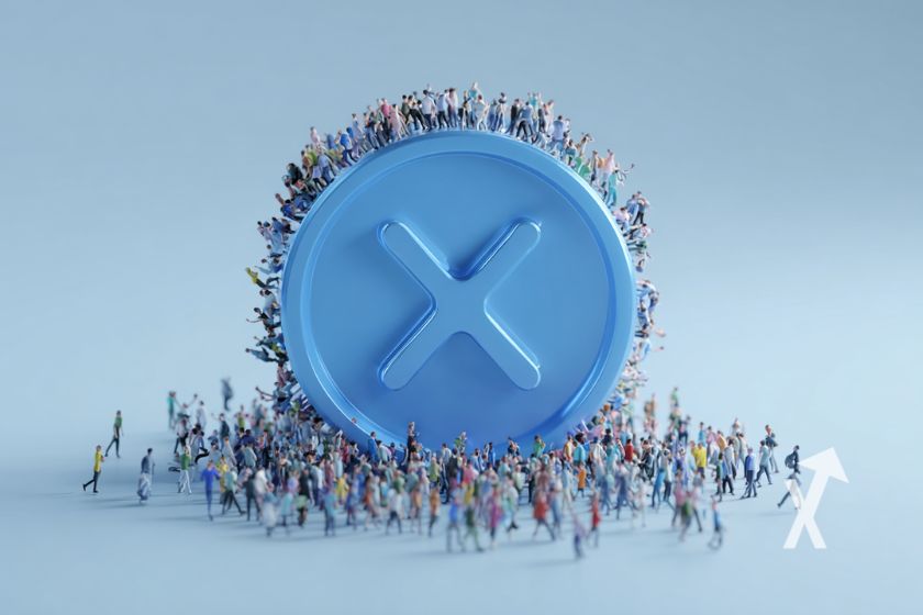 coin xr bleu sur un fond bleu avec des centaines de petites personnes autour