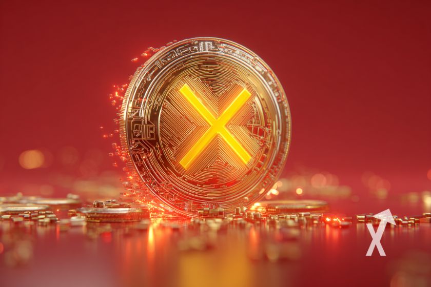 XRP coin e jaune et rouge sur un fond rouge