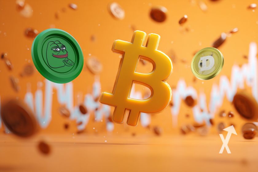 Bitcoin coin avec coin doge et pepe sur un fond orange avec trendline bougies blanches