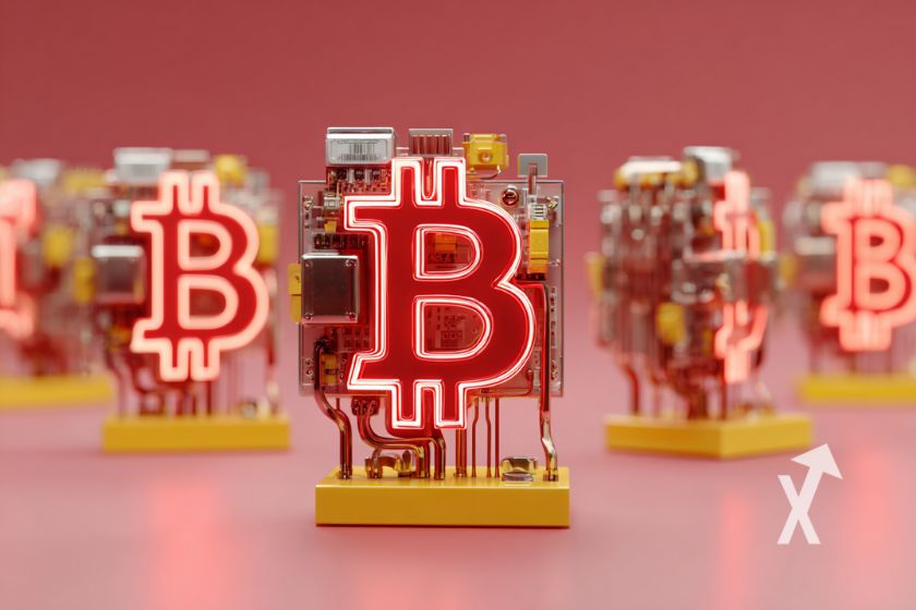 Bitcoin logo en n&eacute;on rouges sur des machines asics sur un fond rose