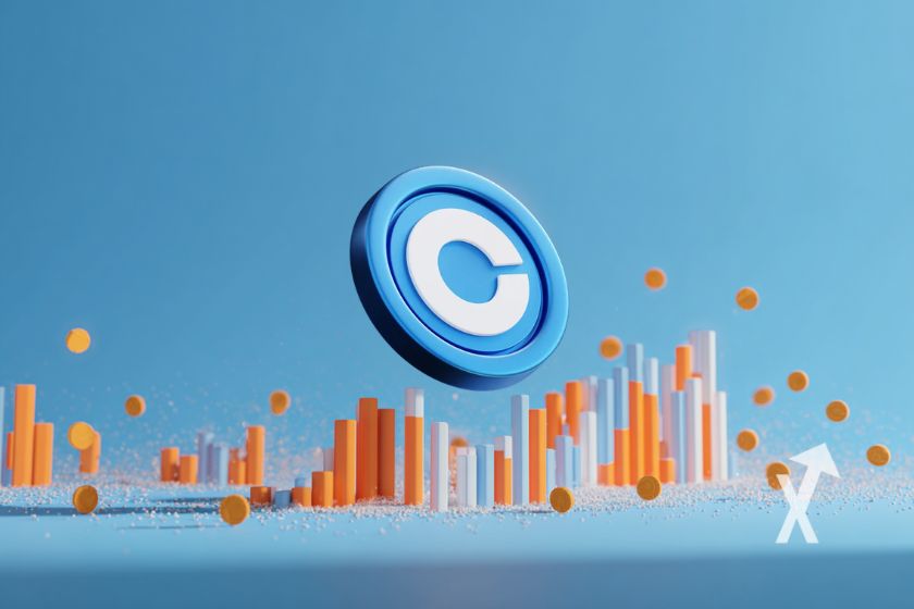 coin coinbase sur un fond bleu avec bougie de trading orange
