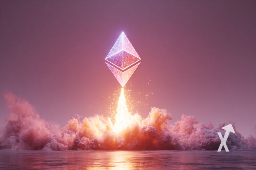 Ethereum logo rose qui d&eacute;colle comme une fus&eacute;e sur un fond rose