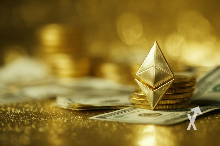 Ethereum logo sur des billets dollars sur un fond jaune