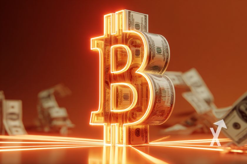 Bitcoin logo en n&eacute;ons jaunes sur un fond rouge avec des billets dollars